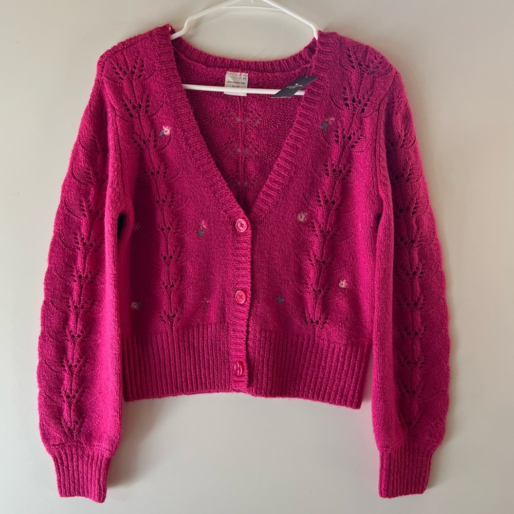Abercrombie Kids Pink Cardigan Sweater with V-Neck with embroidered flowers